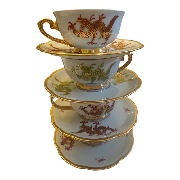 VNTG  Japanese Dragon Teacup Set 4Pc Gold Gilded Porcelain Collectible Decor - Picture 9 of 10